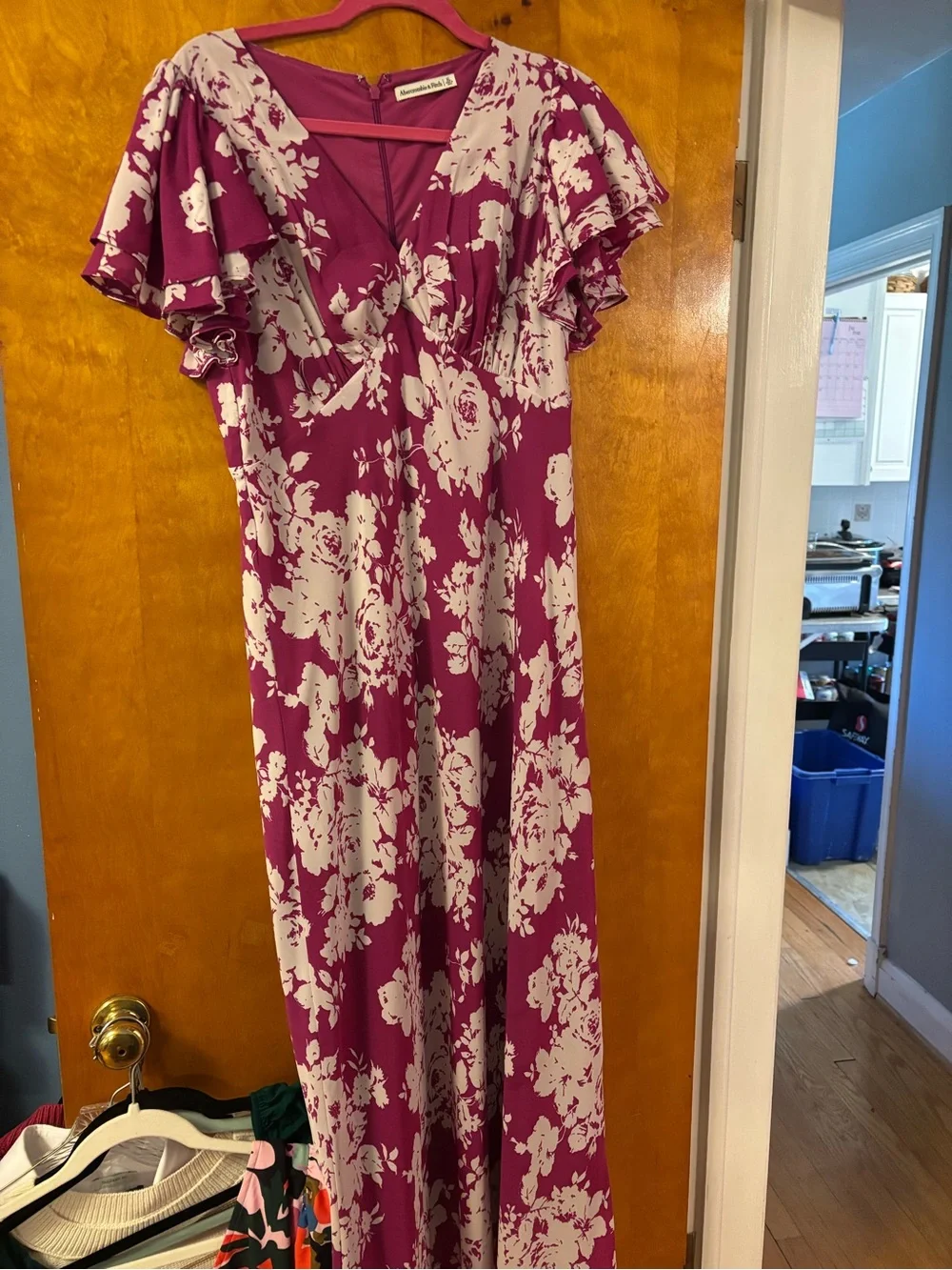 Abercrombie & Fitch Women's Size XL Pink Floral Ruffle Sleeve Slip Maxi Dress